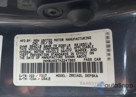 2010 Toyota Corolla S from USA, damaged, VIN 1NXBU4EE7AZ247983